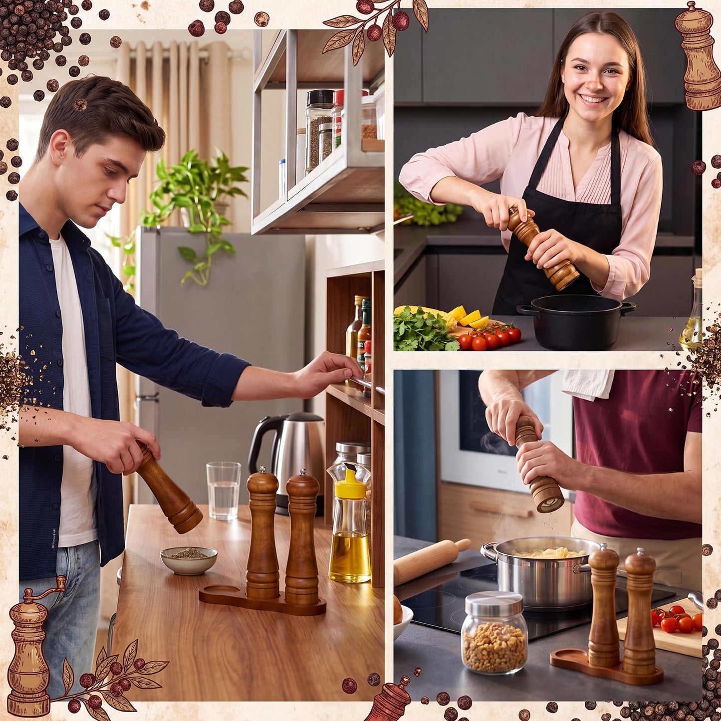 Hushee 6 Pcs Rubber Wood Salt and Pepper Grinder Set, 8 Inch Adjustable Coarseness Manual Pepper Grinder, Refillable Spice Grinders with Tray, Spoon & Cork Labels for Kitchen, BBQ, Camping