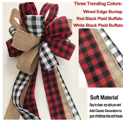 Tmflexe Christmas Bows Tree Topper Red Black White Buffalo Plaid Ornaments Handmade for Wreath Door Burlap Rustic Farmhouse Decoration (Burlap Buffalo Plaid)