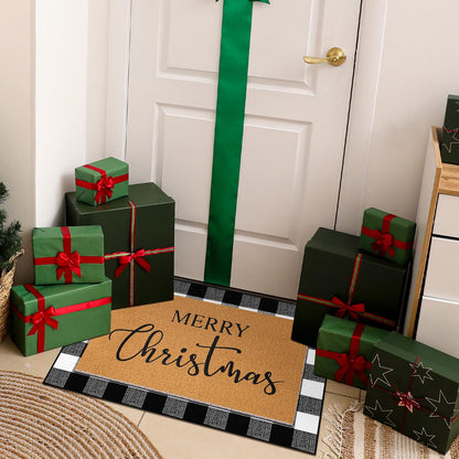 Duraaamo 2 Pcs Christmas Doormat Merry Christ Non Slip Outdoor Rug Xmas Welcome Layered Buffalo Floor Mats for Front Porch Entryway(Black White,Plaid)
