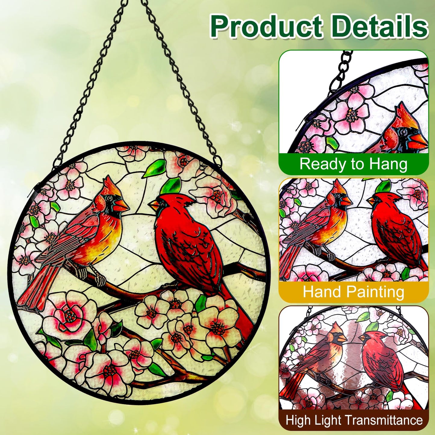 Remiawy Cardinal Stained Glass Window Hanging, 10 Inch Sun Catcher Glass Panel with Metal Chain and Hooks Suncatcher Indoor Window Wall Art Home Decor Gift for Bird Lovers Women Mother's Day Christmas