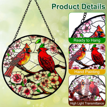 Remiawy Cardinal Stained Glass Window Hanging, 10 Inch Sun Catcher Glass Panel with Metal Chain and Hooks Suncatcher Indoor Window Wall Art Home Decor Gift for Bird Lovers Women Mother's Day Christmas