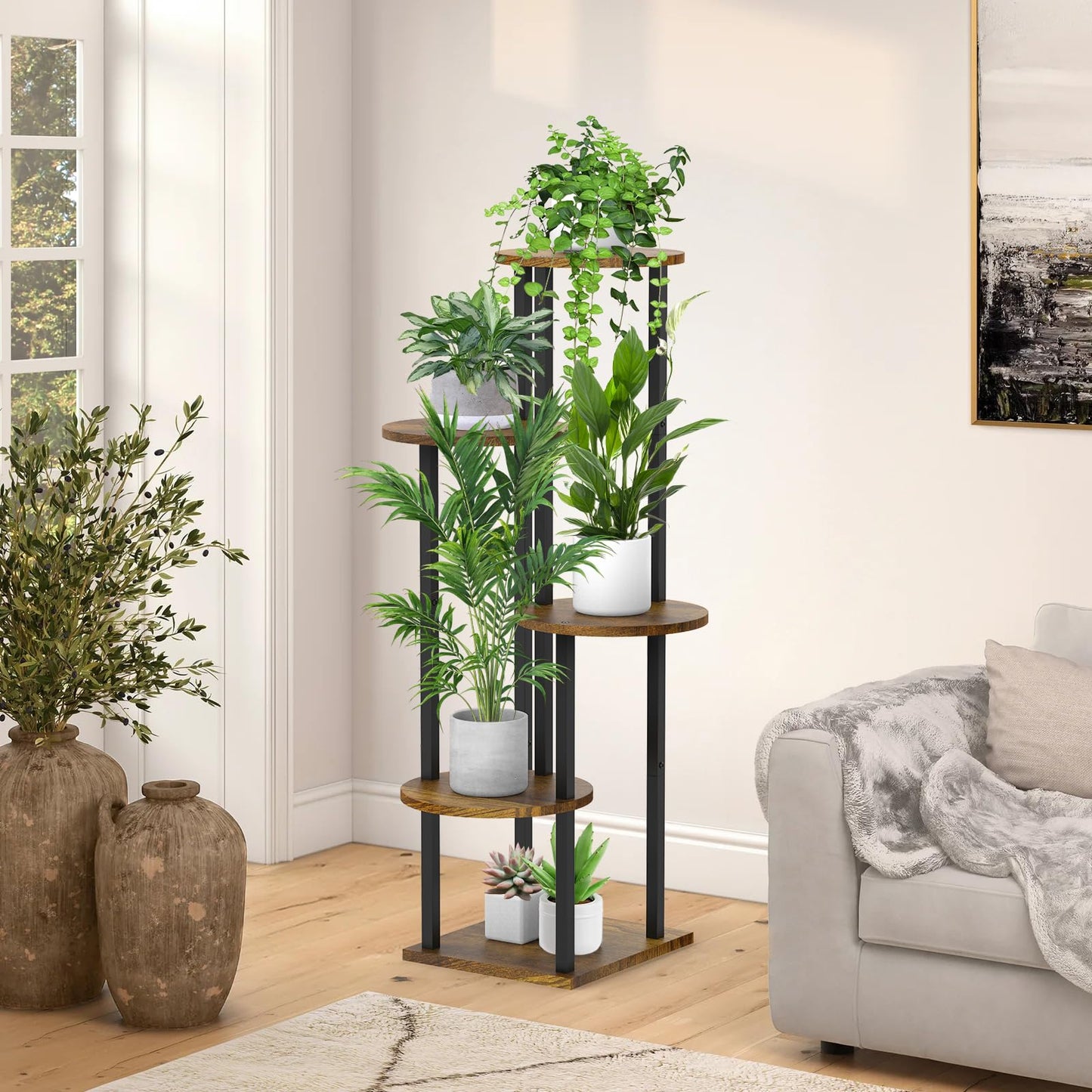 SMFANLIN 5 Tier Plant Stand Indoor, Metal Wooden Tall Plant Shelf Flower Pot Stand for Multiple Plants, Corner Flower Holder Plant Display Rack for Living Room Balcony Patio Garden (Rustic Brown)