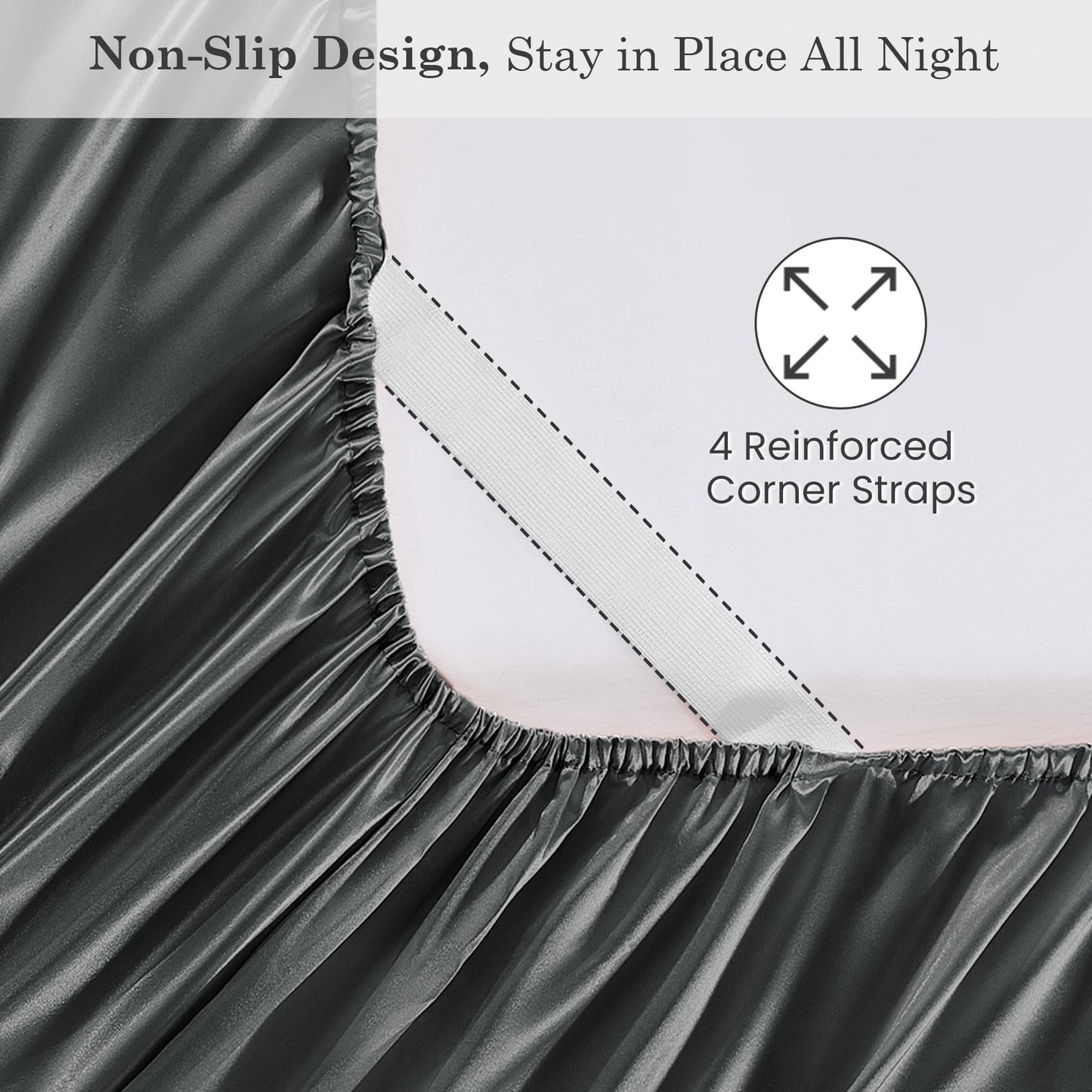 lasoftan Silk Satin Queen Sheets Set, Silky Fitted Bed Sheets with 15" Deep Pocket and Non-Slip Corner Straps, Luxury Hotel Satin Sheets Queen Size, Grey Summer Cooling Sheets & Pillowcase Set
