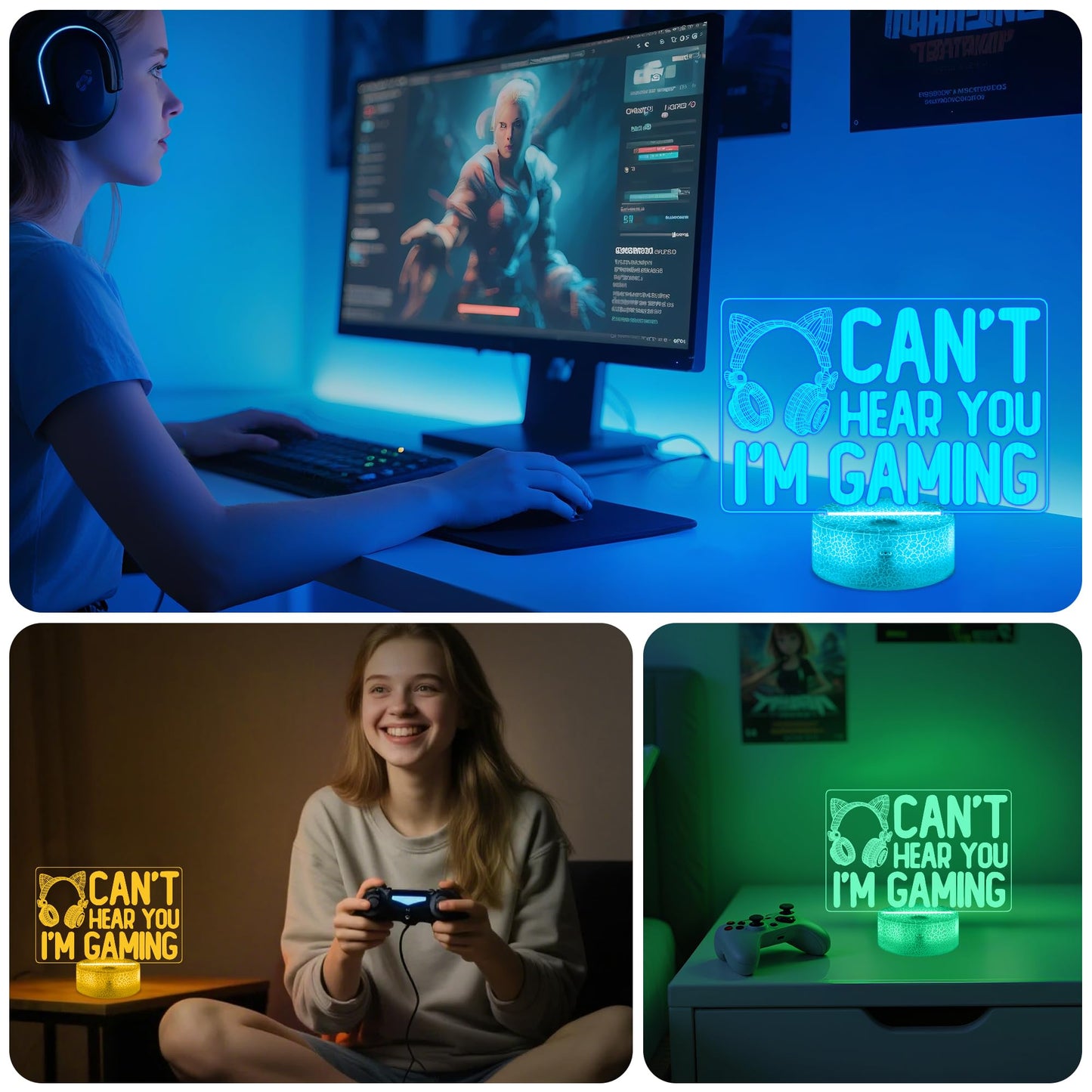 YuanDian Can't Hear You I'm Gaming Night Light, Headset Graphic Video Games Gamer Gift Funny 3D Illusion Lamp 16 Colors Changing Touch & Remote Control for Women Gamers Teenagers and Girls