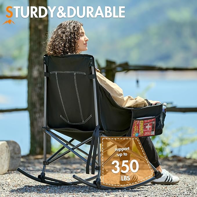 Portal Camping Rocking Chair Outdoors Folding Portable Rocker with Cup Holder Side Pocket Carry Bag, Support 350LBS, Black