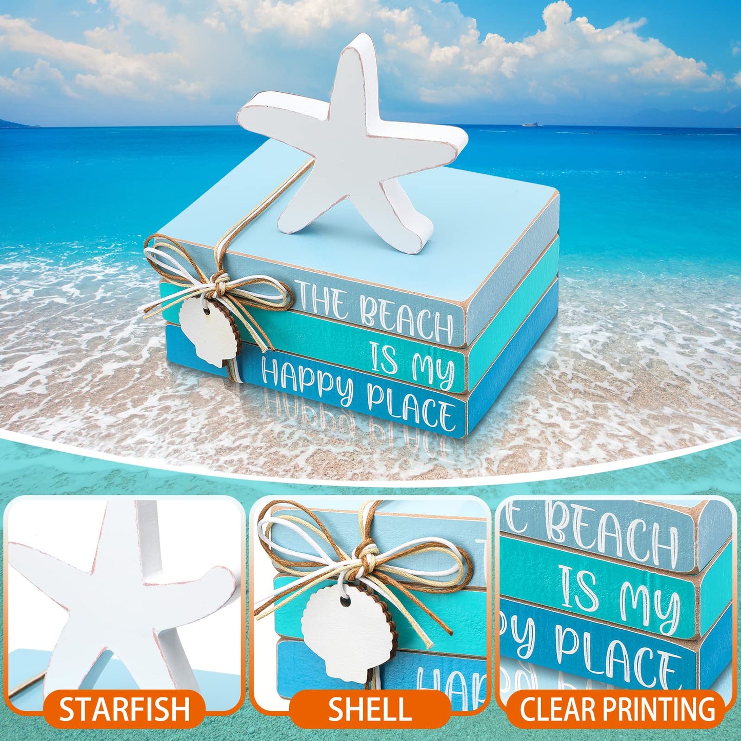 Pinkunn 4 Pcs Summer Table Coastal Theme Decorations Wooden Beach Starfish Stacked Book Sign Nautical Tiered Tray Signs & Plaques for Tabletop Shelf Mantel Office Beachy Room Decor