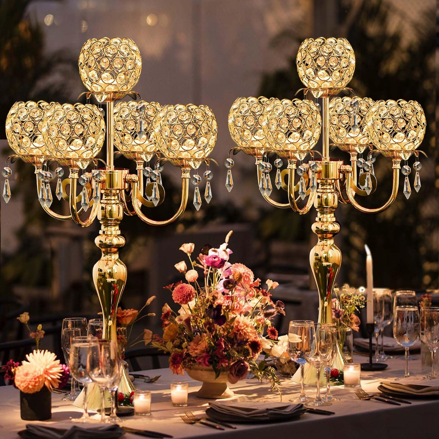 kolnlala 4Pcs 22 Inch Tall 5-Arm Gold Elegant Crystal Candelabra – Fancy Looking Candle Holder, Perfect for Your Table Centerpiece, Wedding & Christmas Dinner Party Events, Home Decor