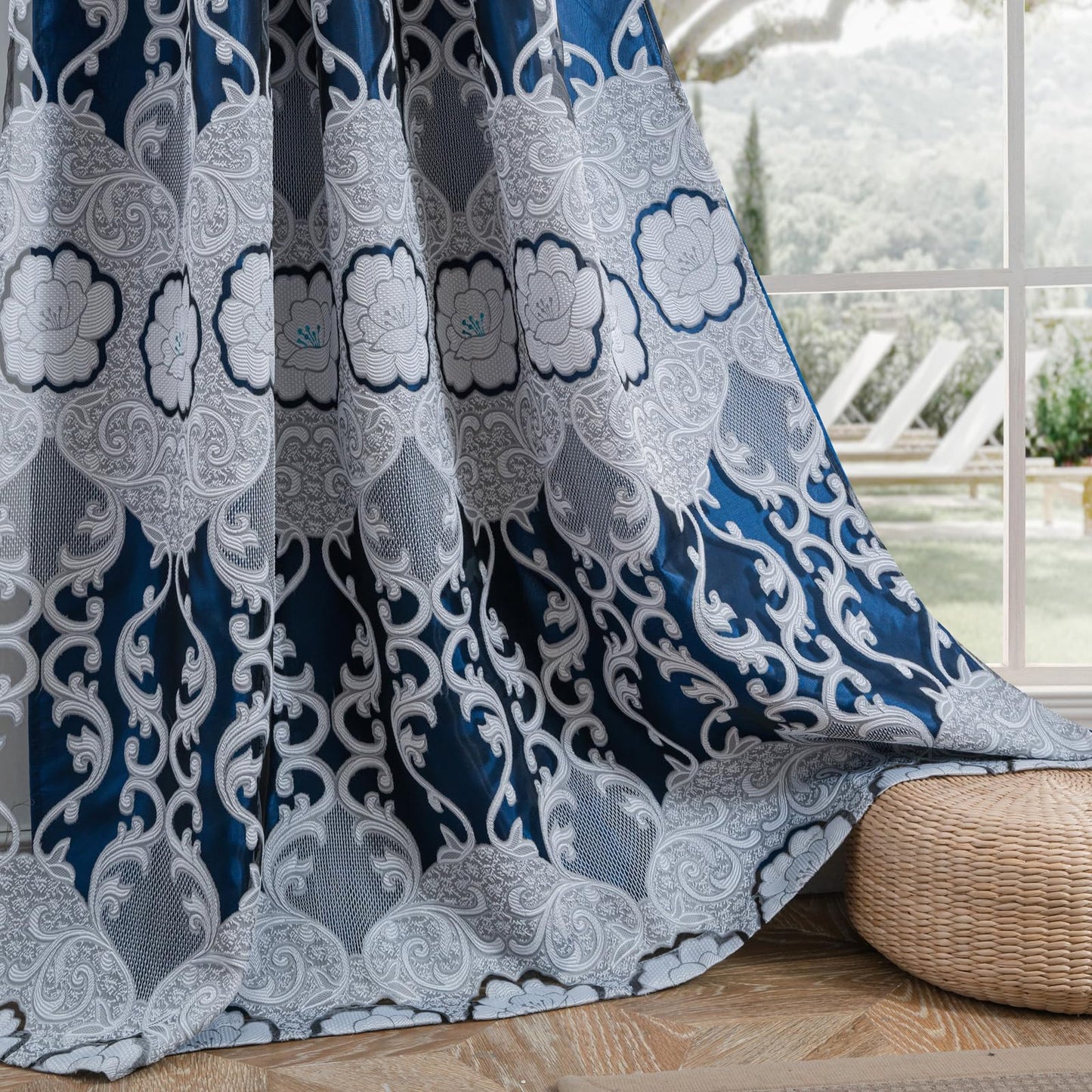 Petrichor Navy Sheer Jacquard Voile Curtains （54" W x 63" L）, 2 Panels with Attached Valance, Double Layer Floral Cutwork Design with Luxurious Texture, Rod Pocket, for Bedroom & Living Room