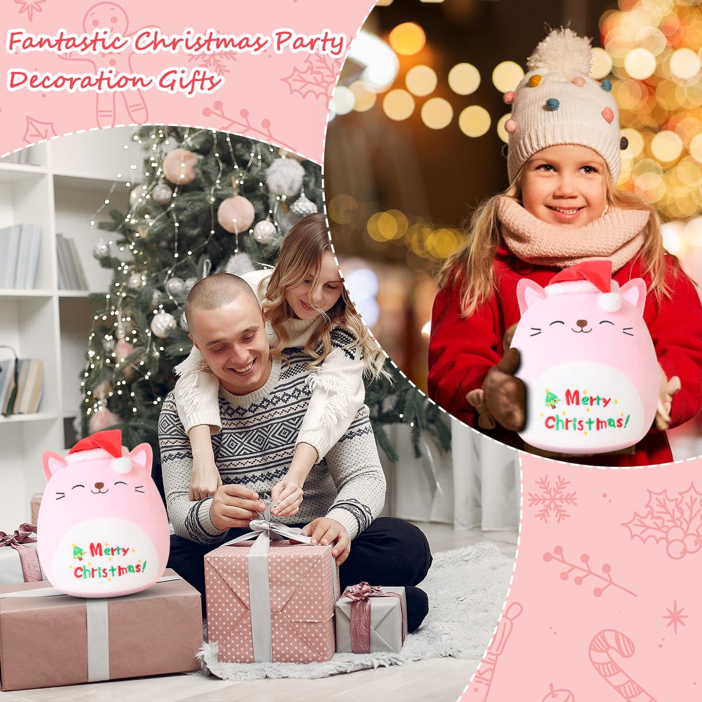 SQEQE Christmas Cat Stuffed Animal Pink Cat Plush Wearing Red Hat Kawaii Plushie Toys Soft Home Plushie Decoration Gifts for Boys Girls (Caticorn, 10 Inch)