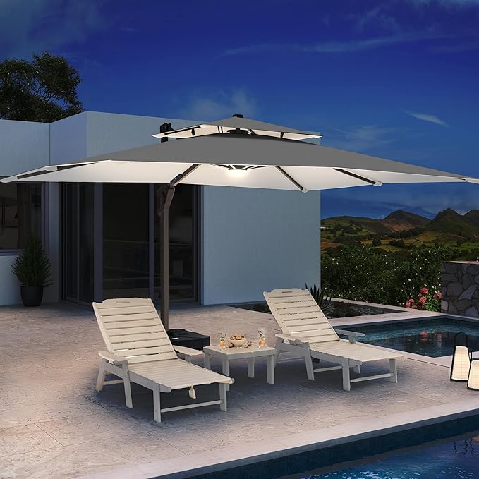 10 X 13 FT Cantilever Patio Umbrella with Led Lights and Base Included Outdoor Heavy Duty Double Top Rectangle Offset Umbrellas with 360-degree Rotation for Pool Deck Backyard, Foggy Grey