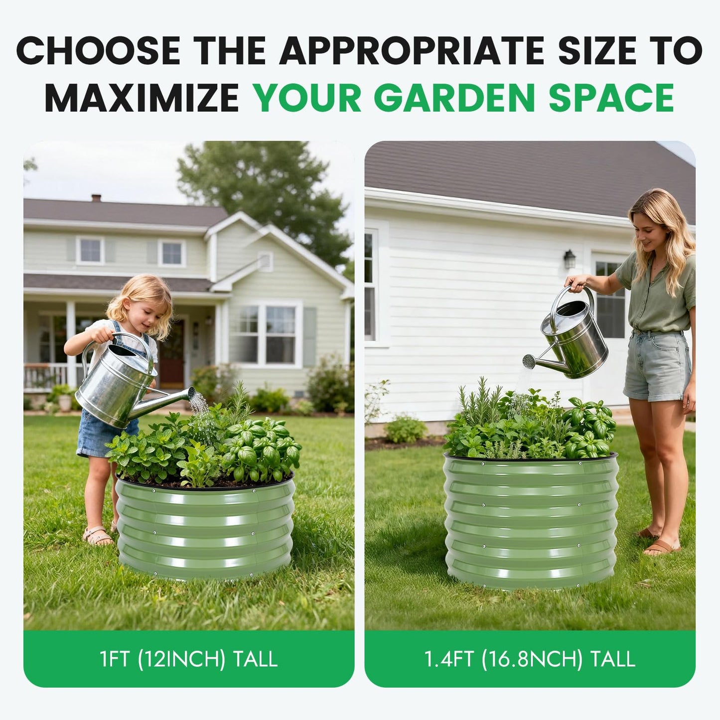 INNO STAGE 3 Pcs Round Galvanized Raised Garden Bed — 2×2×1ft Planter Box Outdoor Raised Beds Kit for Gardening Vegetables, Fruits, Herbs, and Flowers, Olive Green