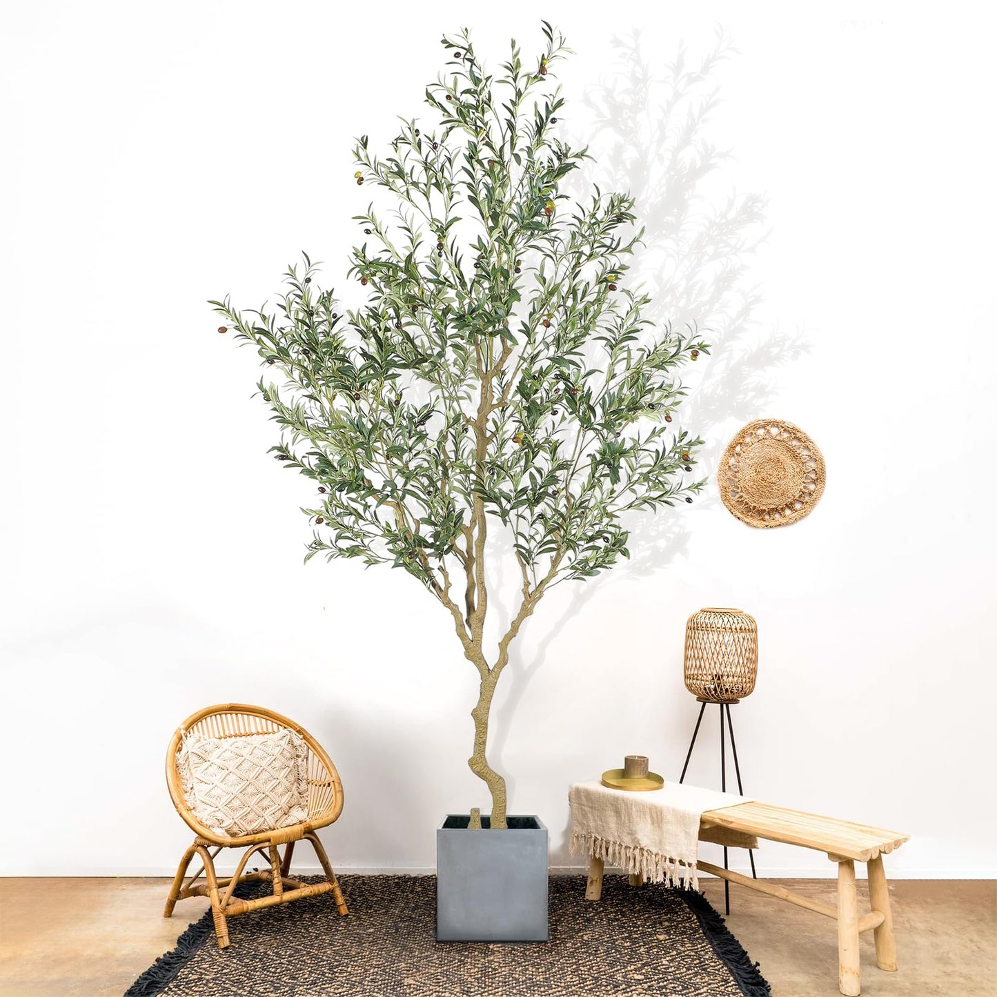 Nafresh Tall Faux Olive Tree，9ft（108in） Realistic Potted Silk Artificial Olive Tree， Fake Olive Trees Indoor with Green Leaves and Big Fruits for Home Office Living Room Stairs Patio Decor.