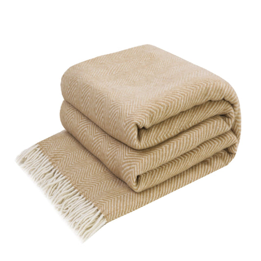 LYHome Merino Wool Blanket - Warm Throw for Cold Weather, Warmest Travel Outdoor Camping Blankets, Picnic Army and Military Throws, Comforter Soft & Cozy (55" x 79" Beige with White Chevron)