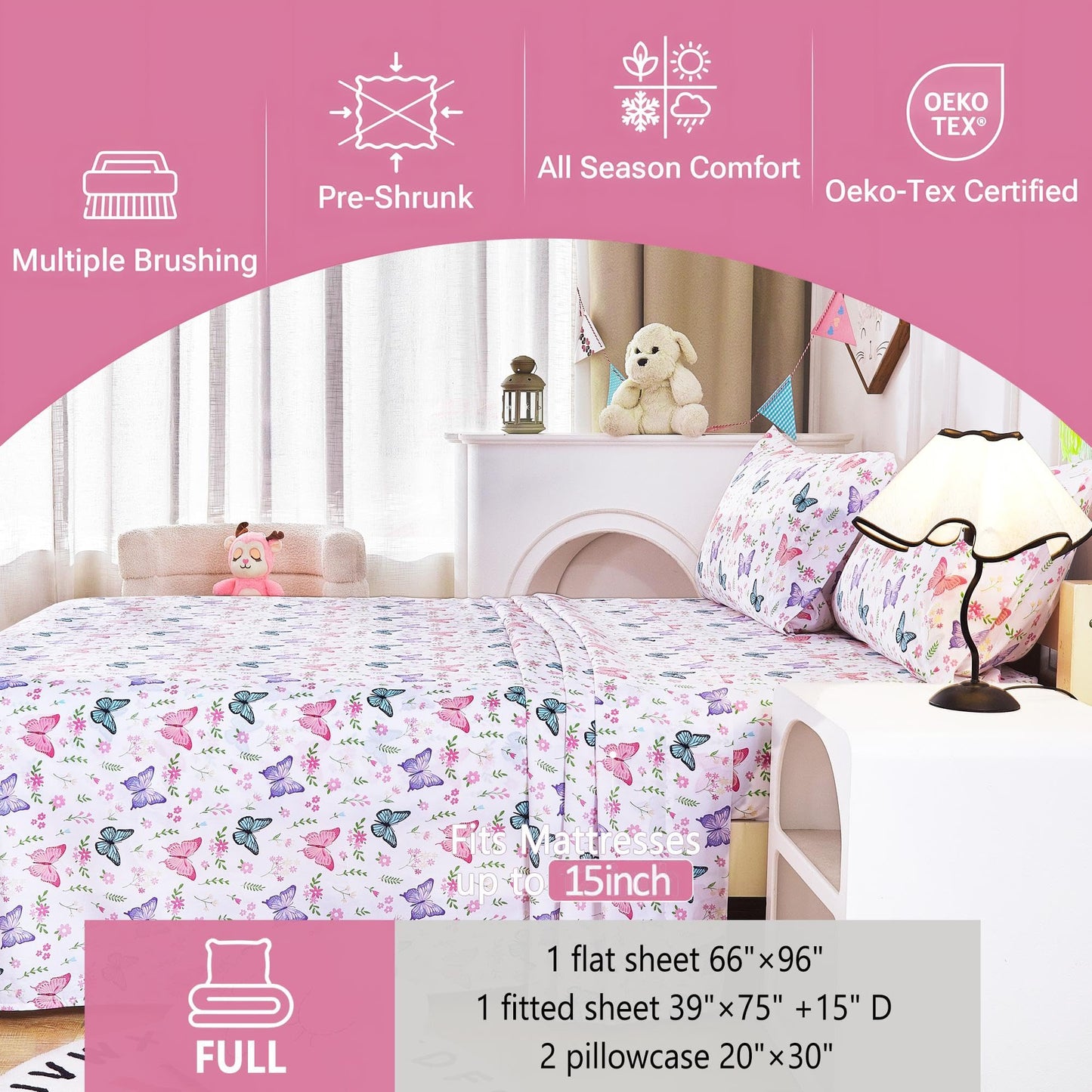 Softan Kids Bed Sheet Set, 4-Piece Full Size Sheets, Microfiber Fitted Sheet with Corner Straps, Breathable & Silky Soft Butterfly Flower Printed Sheet and Pillowcase Sets