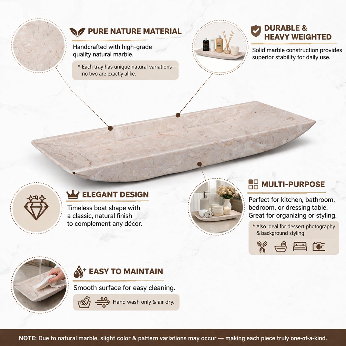 Creative Home Natural Champagne Marble Rectangular Vanity Tray Towel Tray Boat Shaped Tray Bathroom Accessories Organizer for Bathroom Countertop, Kitchen Sink, Jewelry, 16.5" x 6.3" x 1.5" H, Beige