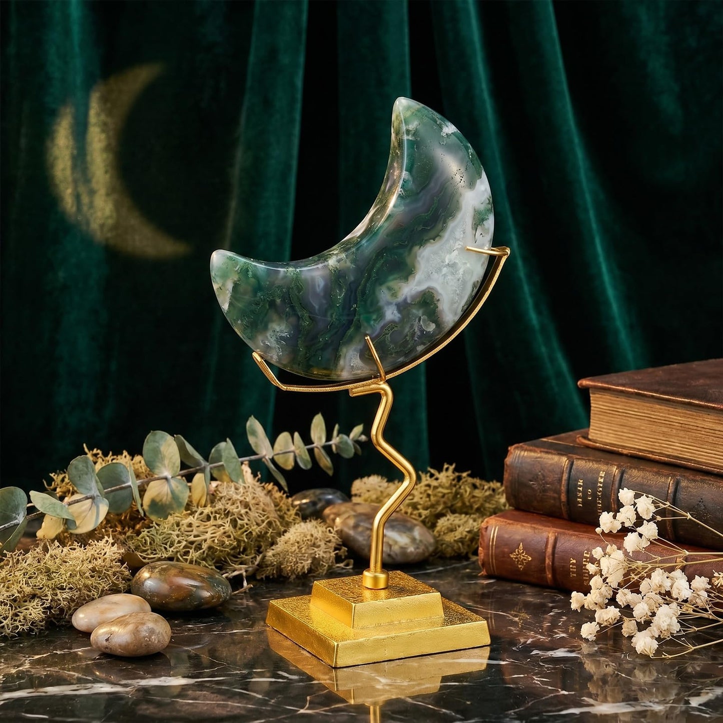 BrightRow 2 Pcs Moon Crystal Holder Rock Display Stand Crystal Display Gemstones Holder Metal Rock Stand with Base for Gemstones Mini Balls Geodes Mineral Agate Home Decor (4.9 x 2 Inch,Gold)
