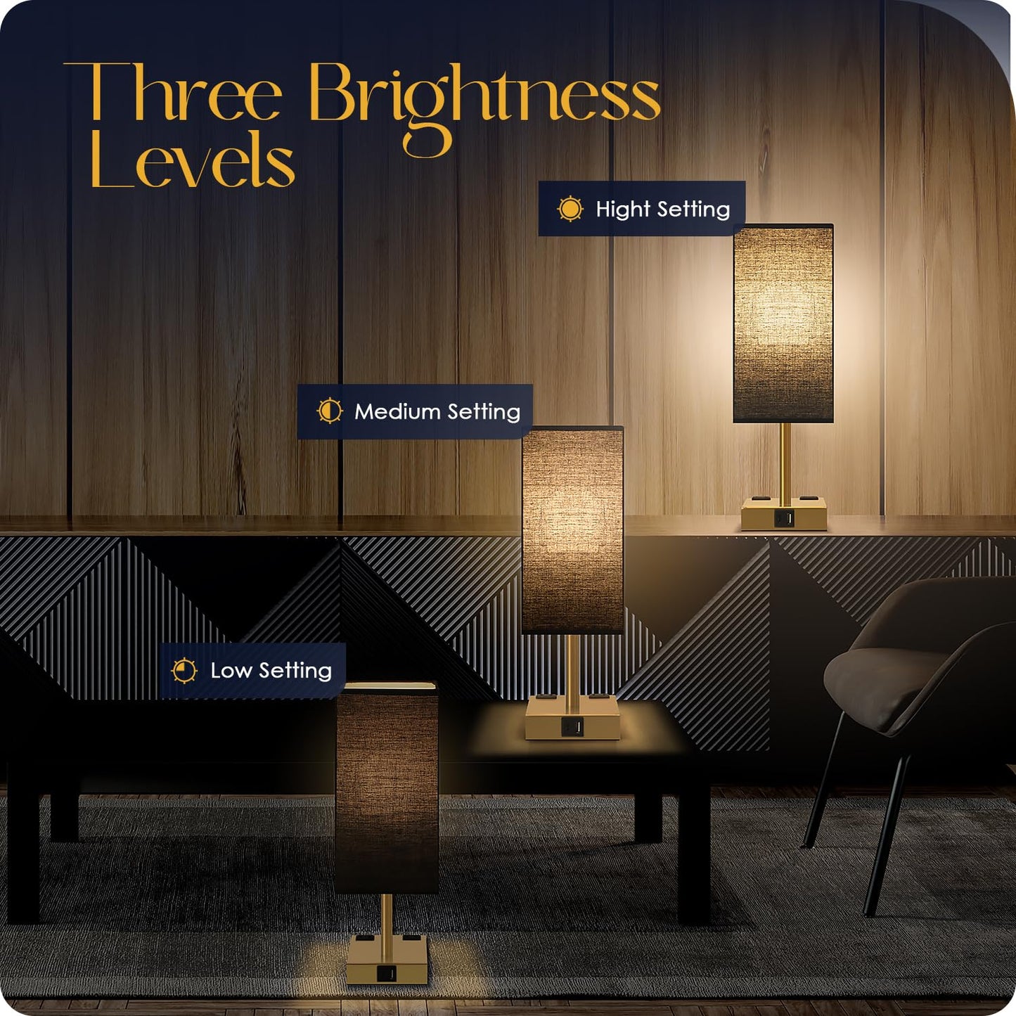Soilsiu Bedside Lamp with USB Ports - Touch Control Table Lamp for Bedroom with USB C+A Charging Ports & AC Outlets, 3 Way Dimmable Nightstand Light for Living Room (LED Bulb Included, Brass - Black)