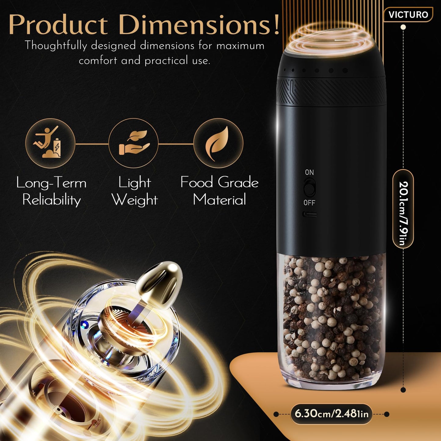Victuro Electric Salt and Pepper Grinder Set, Automatic Refillable Salt and Pepper Grinder Set Rechargeable, One-Touch Electric Pepper Grinder, Stainless Steel Salt and Pepper Shakers Set for Kitchen