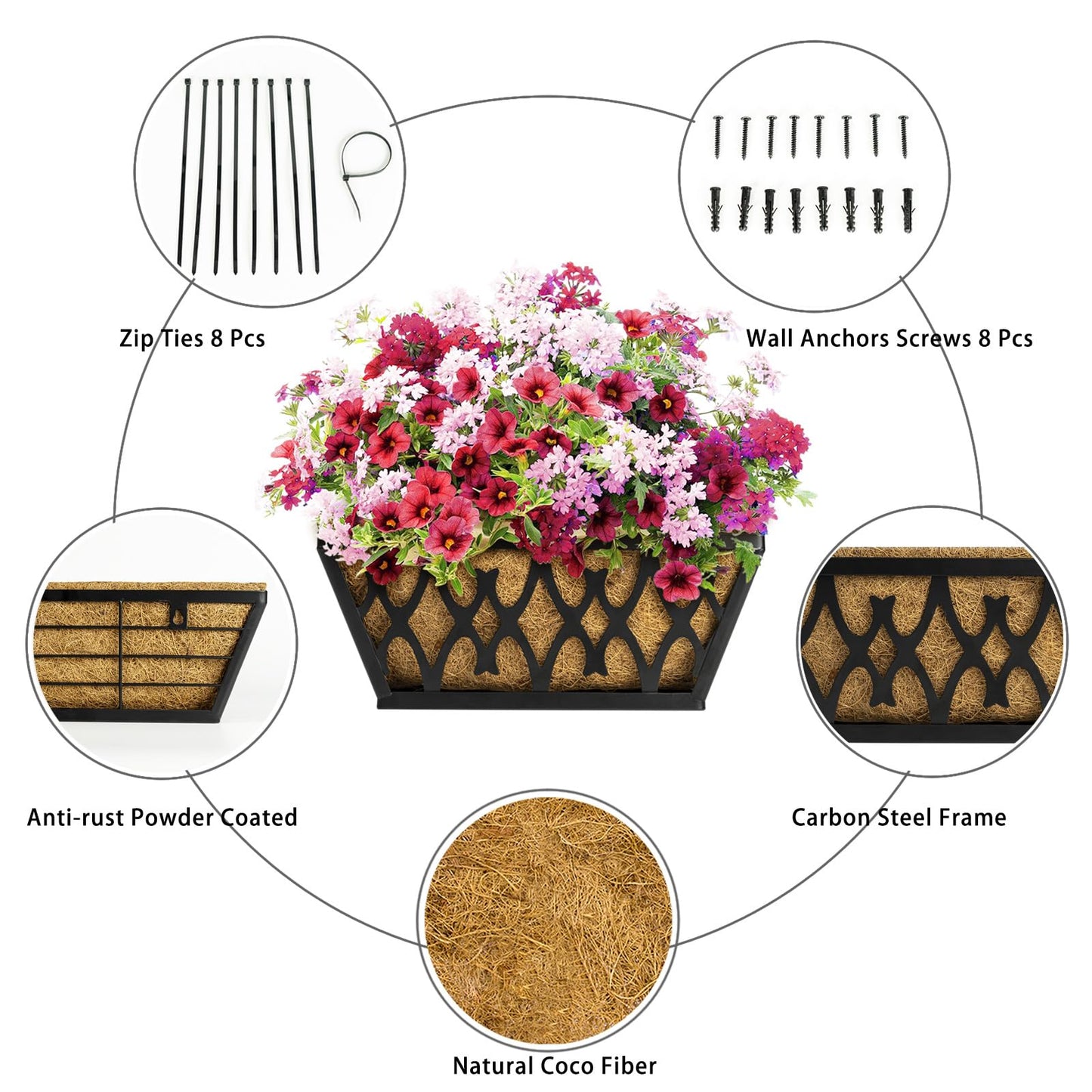 Karlliu 4 Pack 14 Inch Window Boxes Planters Railing Planter Box with Coco Liners Deck Railing Planter Boxes Balcony Hanging Flower Box for Outdoor Plants Garden Decor