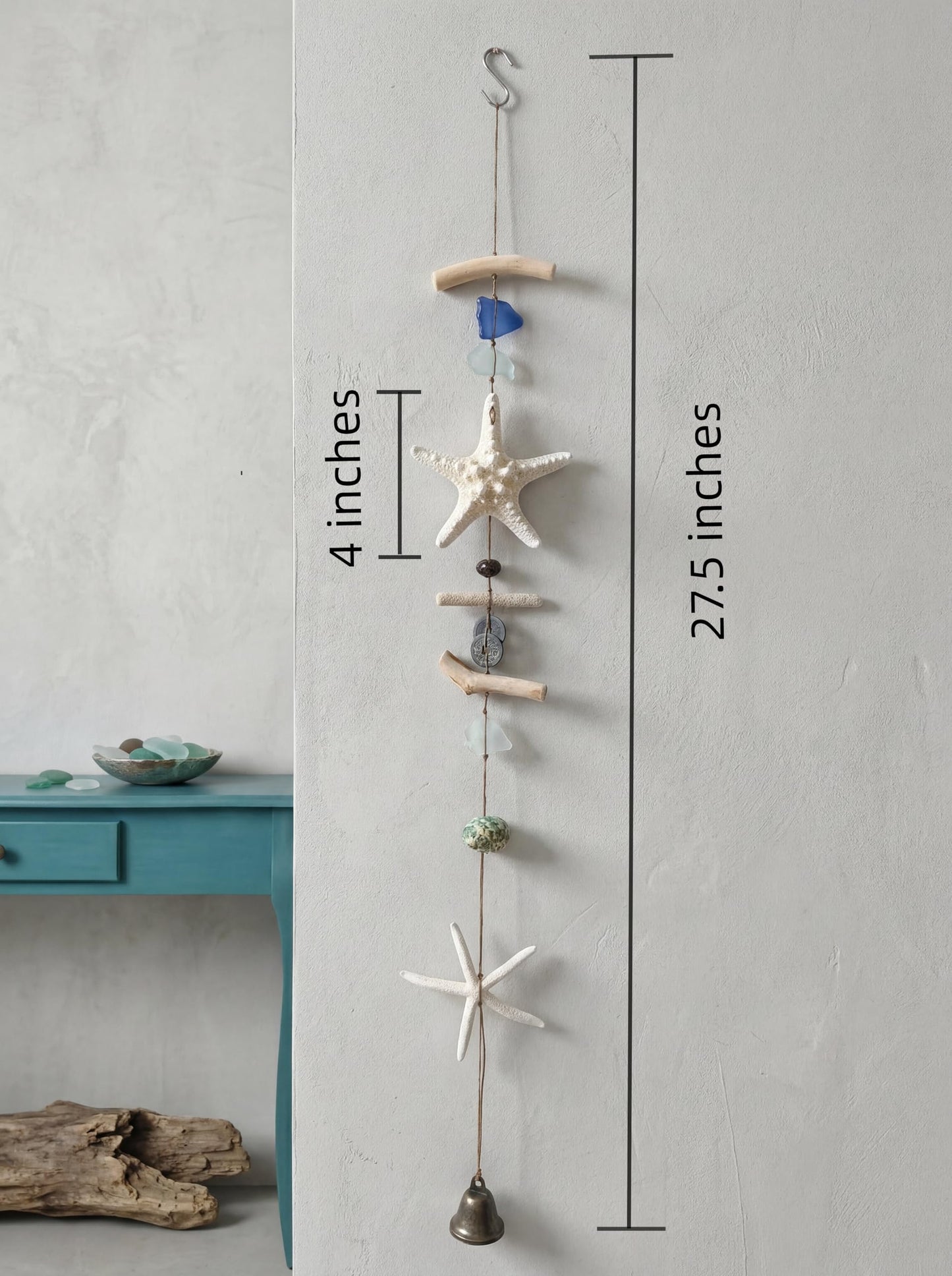 Driftwood Sea Star Wind Chime Beach Seashell Hanging Wall Decor, Coastal Nautical Window Hanging Ornament with Sea Glass & Metal Bell, Boho Ocean Themed Mobile for Home Bedroom Window Porch
