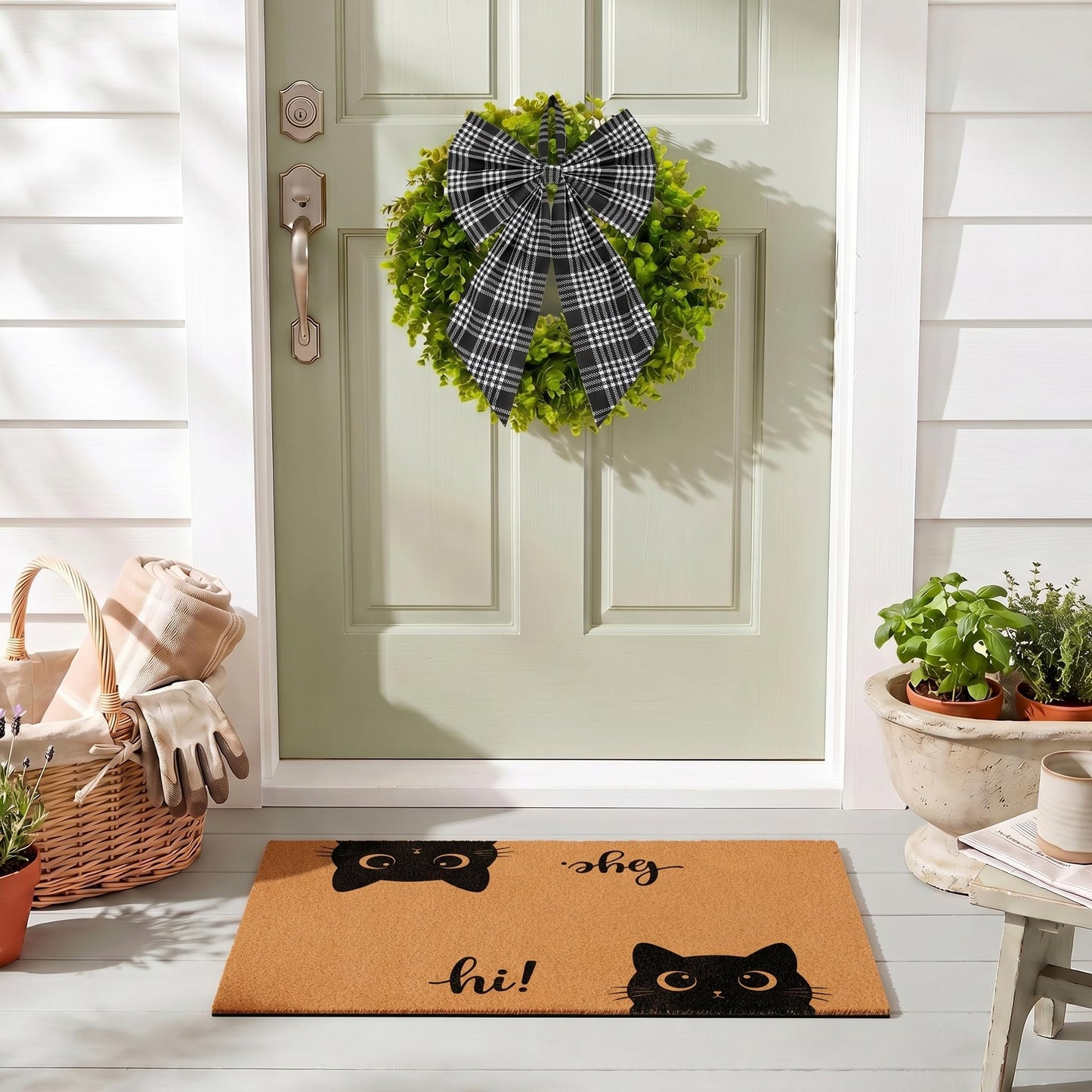 2 Pcs Funny Cat Front Door Mat and Wreath Set Cute Black Cat Faux Coir Doormat and 19" Artificial Greenery Wreath with Plaid Bow Welcome Outside Decor for Porch Entryway