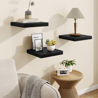 Square Floating Shelves for Wall, 11.5"W x 11.5"D x 1.25"H, 3 Pack Small Wall Mounted Engineered Wood Shelves with Invisible Brackets for Living Room, Bedroom, Bathroom, Kitchen Decor, Black