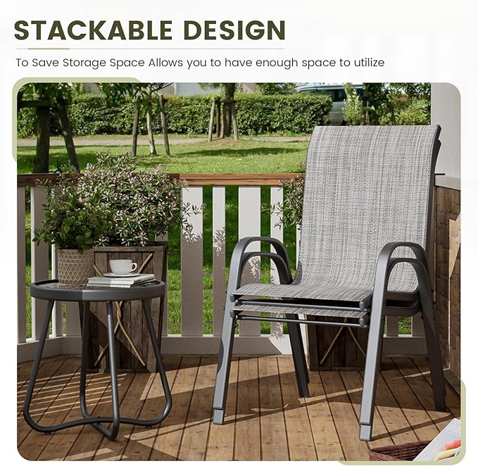 UDPATIO Patio Chairs Set of 4, Stackable Outdoor Dining Chairs with High Back, Breathable Textilene Fabric Outdoor Chair All Weather, 350LBS Capacity for Garden, Backyard (Light Grey)