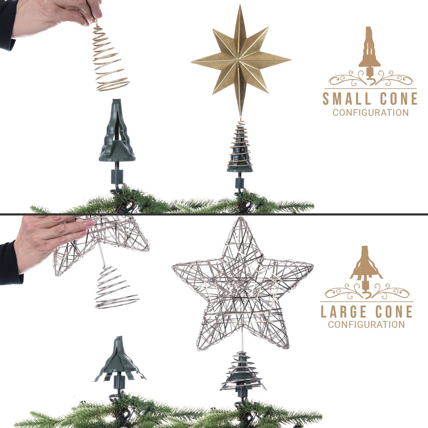 [Christmas Tree Topper Holder] - Twist-on Holiday Universal Tree Topper Stabilizer Fits Most Base Types- Metal Green Support Rod with Adjustable attachments to stabilize Seasonal Treetop Ornaments