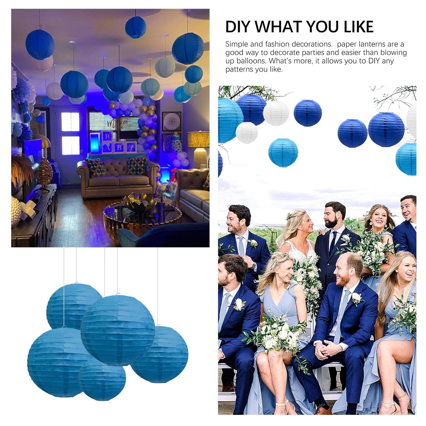 20Pcs Royal Blue Paper Lanterns for Parties, 6” 8” 10” 12” Chinese Asian Hanging Round Paper Lanterns for Birthday Wedding Halloween Christmas Home Decor Party Decor