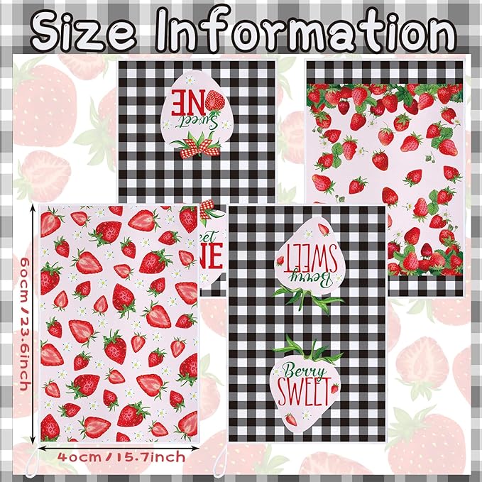 Bencailor 4 Pcs Strawberry Kitchen Towels Spring Berry Hand Dish Towels