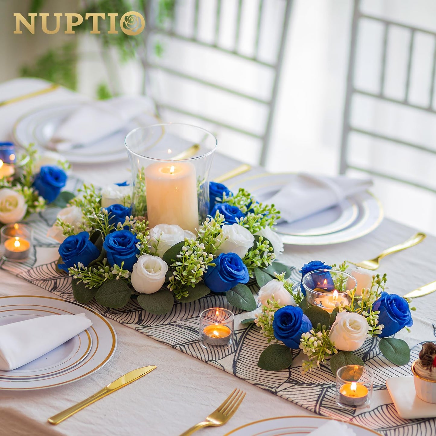 NUPTIO Small Wreath for Table Centerpieces: 9.05 Inch Royal Blue & White Flower Candle Rings for Wedding Party Christmas - Rose Wreaths for Spring Summer Front Door Porch Decor 6 Pcs