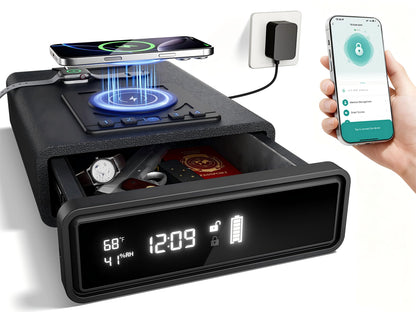 ORARAER Smart Biometric Gun Safe with Wireless Charging, Bluetooth App Control, 4 Unlock Methods, Bedside Drawer Safe LED Display,Money Box for Valuables, Gifts for Men