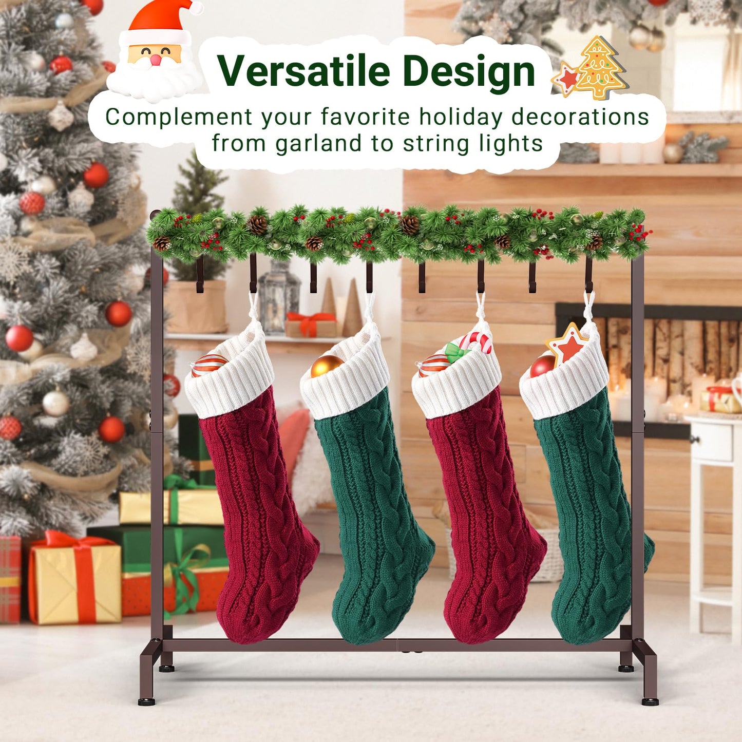 ELYKEN Christmas Stocking Holder, Free Standing Stocking Rack with 8 Removable Hooks, Small Stocking Stand, Heavy Duty Metal Tubes with Stable Base and Adjustable Feet, Bronze