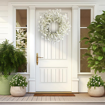 Spring Wreath for Front Door, 24 Inch White Cream Forsythia Spring Wreath Blossom Cluster Flower Farmhouse on Grapevine for Front Door Wall Window Hanging Décor Festival Celebration