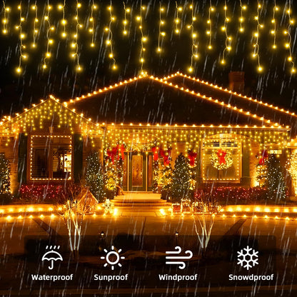 BYIZO Christmas Outdoor Icicle Lights - 200 LED 21+16 FT 8 Modes Curtain Fairy String Light Plug in, Waterproof for Eaves Yard Holiday Xmas Holiday Indoor Outdoor Decoration - Warm White