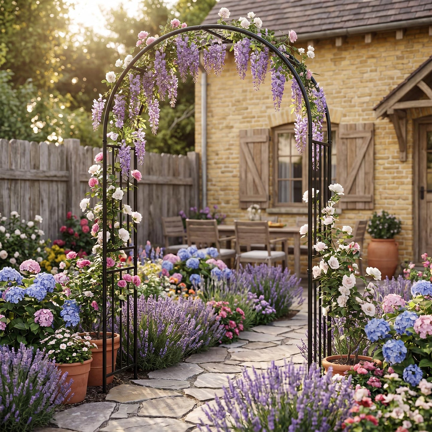 COSTWAY 7.2Ft Garden Arch Arbor Trellis for Climbing Plants, Metal Arch Frame Steel Arbor with 8 Stakes, Outdoor Archway for Wedding Bridal Party Lawn Decoration, Easy Assembly, Black (1)