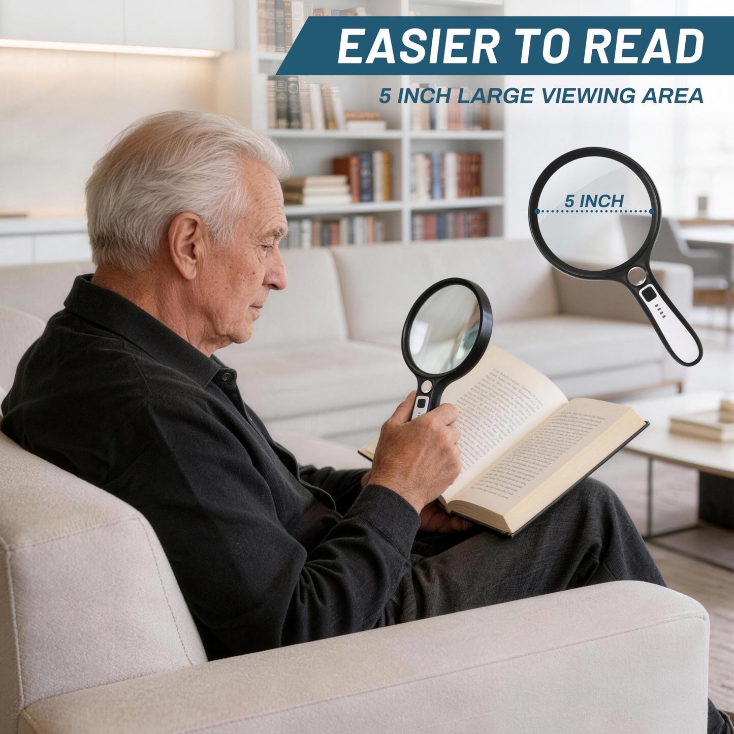 Large Magnifying Glass with Light: 10X 30X 5IN Lighted Handheld Magnifier with 13 LED Lights 3 Modes, 1150mAh Rechargeable Magnifying Lens Gift for Seniors Reading Coins Close Work-Black+White