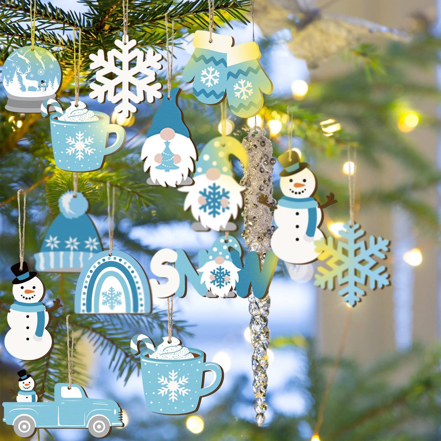 Chunful 36 Pieces Winter Frost Wood Ornaments Ice Bear Cedar Snowflake Glove Truck Hello Winter Ornaments Mini Welcome Christmas Tree Hanging Sign Decorations