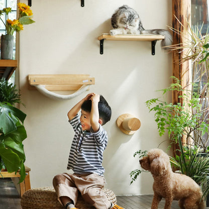 FUKUMARU Cat Wall Furniture, Cat Climbing Step 30cm Wall Mounted with Jute Scratches,Natural Rubber Wood Material, for Most Medium and Large Cats, Pack of 2