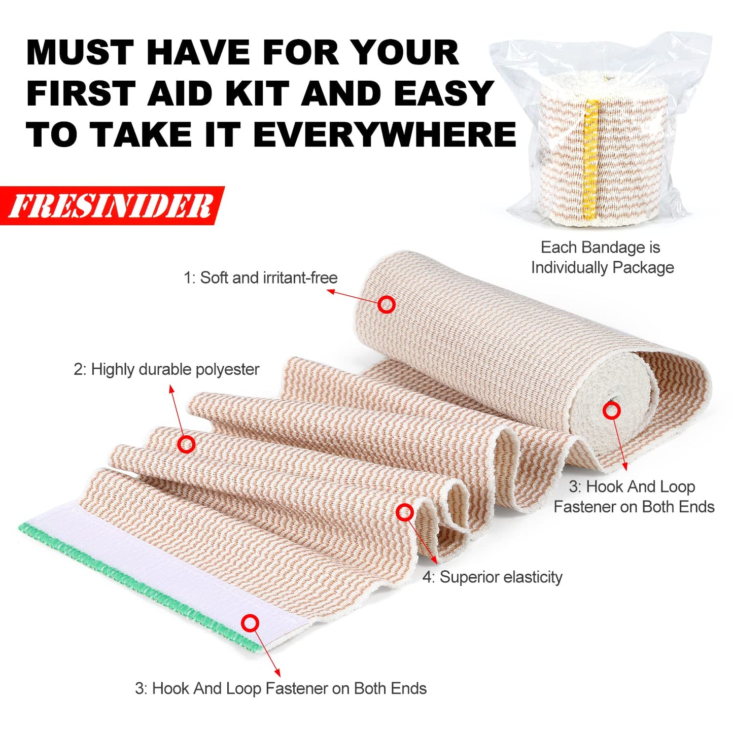 FRESINIDER Premium Elastic Bandage Wrap, 6 Pack 4" Cotton Latex Free Compression Bandage Wrap with Touch Closure at Both Ends, Support & First Aid for Sports, Medical, and Injury Recovery