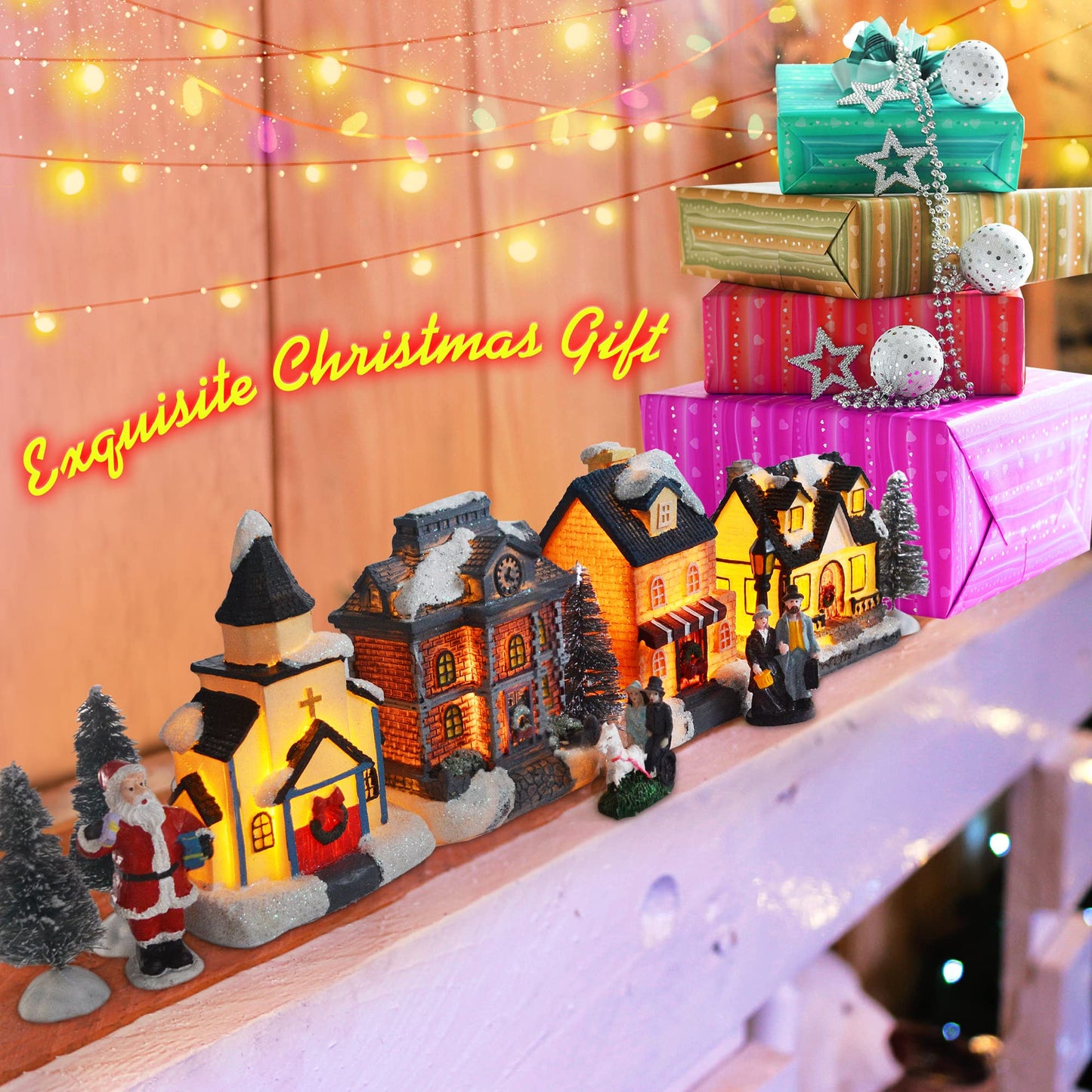 ZornRC Christmas Village Sets-Christmas Decorations,LED Lighted Christmas Village Houses with Figurines, Christmas Village Collection Indoor Room Decor - Collectible Buildings