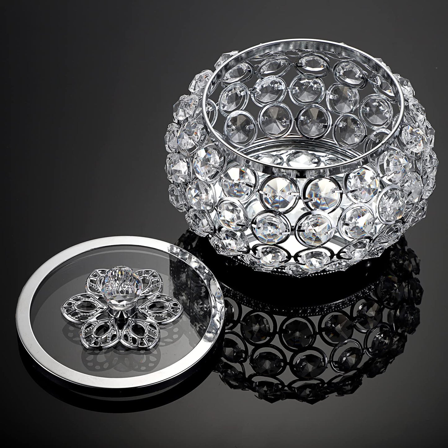 Hipiwe Crystal Jewelry Trinket Box with Glass Lid Silver Mirrored Treasure Box Decorative Jewelry Box Ring Earrings Necklace Storage Keepsake Box Gift for Women