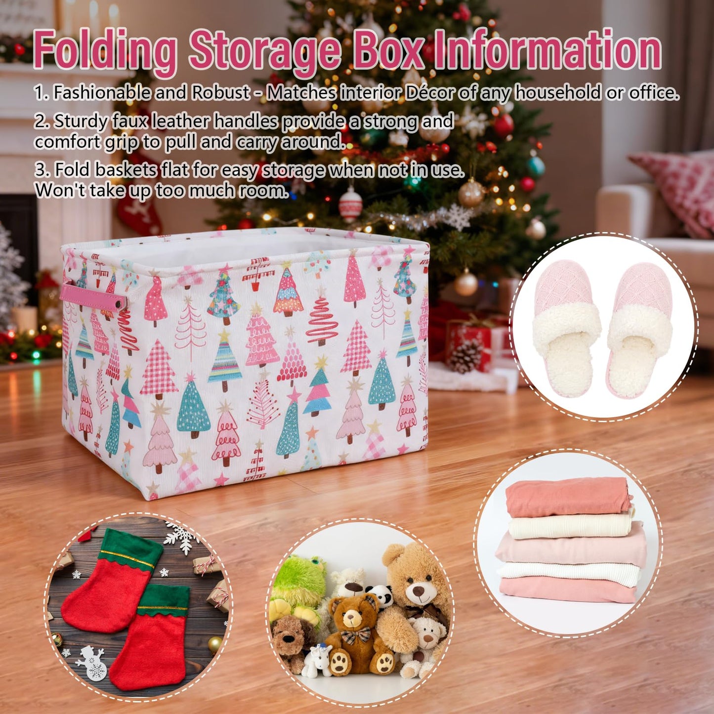 FYSUIMU 2 Pcs Christmas Storage Basket Pink Green Xmas Tree Storage Bins with Handles Rectangle Foldable Container Box for Home Office Nursery Laundry Shelf Closet Toy