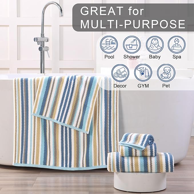 Striped Towels Set, 2 Bath 28"x52", 2 Hand 16"x27", 2 Face 13"x13", Luxury Bath