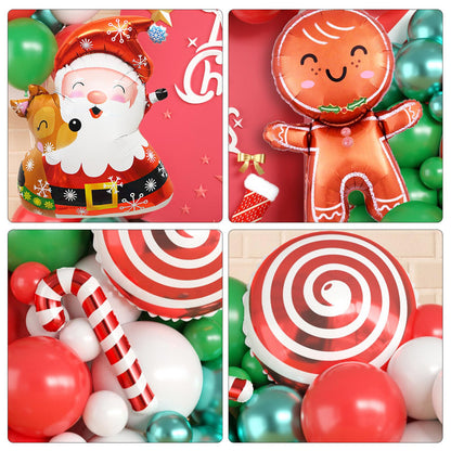 Christmas Balloon Garland Arch Kit, Christmas Balloon Arch with Metallic Green Red White Latex Balloons Snowflake Santa Foil Balloons Candy Cane for Xmas New Year Party Decoration