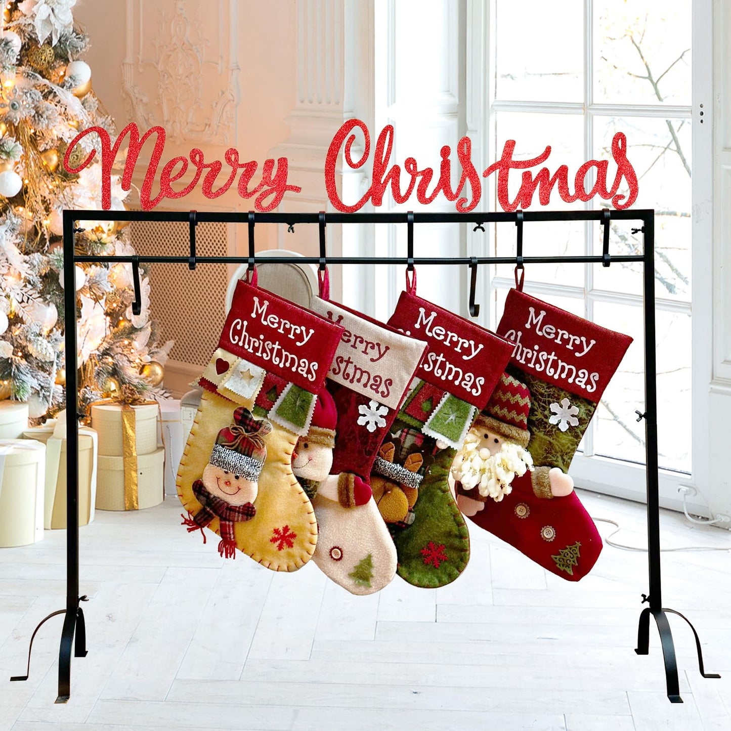 HUTHDAK Metal Merry Christmas Stocking Holder Stand with 8 Hooks,Heavy Duty Freestanding Christmas Stocking Holder Stand for Floor.Deluxe Christmas Stocking Stand-Easy Assembly and Stand for Home