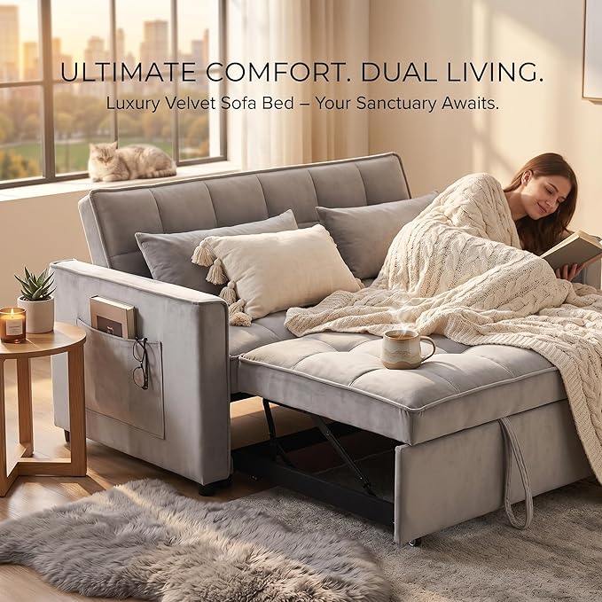 3-in-1 Loveseat Sleeper Sofa, Modern 55.5" Pull Out Couch, Velvet Upholstered