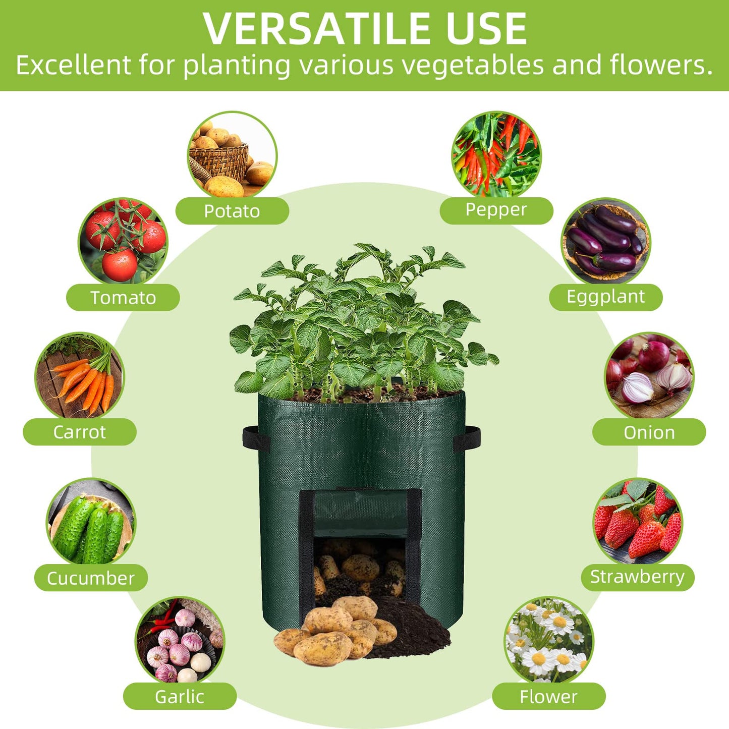 LITLANDSTAR 6 Pack Potato Grow Bags, 15 Gallon Grow Bags Garden Planting Bags with Flap Windows and Handles, Vegetable Grow Bags for Potato, Onion, Tomato, Carrot (Dark Green)