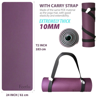Extra Thick Exercise Yoga Mat with Strap - 2/5 Inch (10MM), Non-Slip Workout Mat for Yoga, Pilates, and Floor Exercises