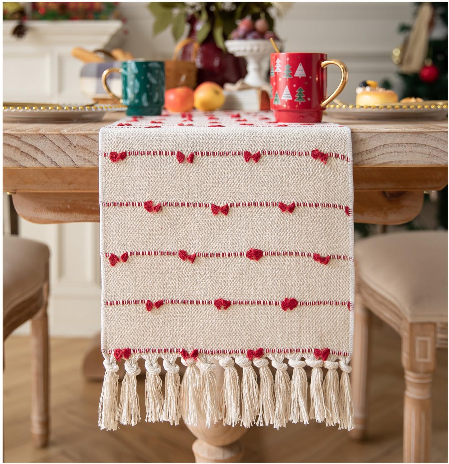 Caflife Christmas Table Runner 72 Inchs Long for Modern Farmhouse Room Home Christmas Decorations, Boho Red Table Runner, Natural Cotton Woven with Tassels for Holiday Kitchen and Dining Table Decor